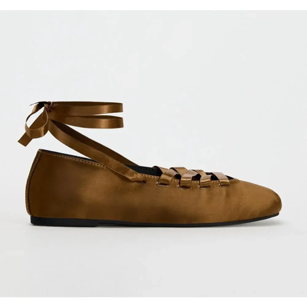 Zara NWT Ochre Brown Lace Up Satin Ballet Flats 7.5 - Picture 16 of 16